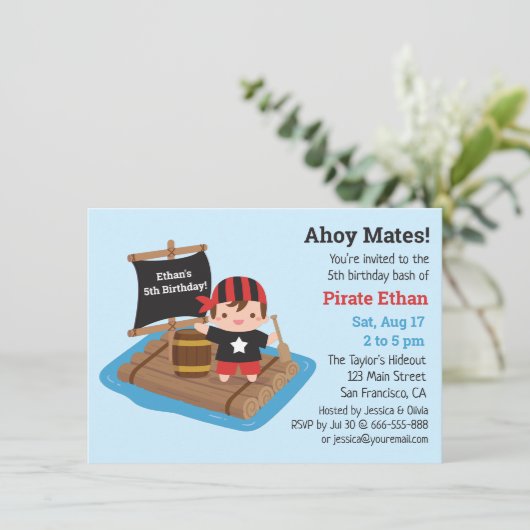 かわいい海賊ボーイボートいかだ子供の誕生日パーティー 招待状 (スタンド正面)
