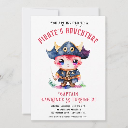 かわいい海賊ボーイ赤い誕生日パーティー 招待状 (正面)