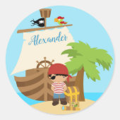 かわいい海賊ボーイ&大きな船名前をカスタムする ラウンドシール (正面)