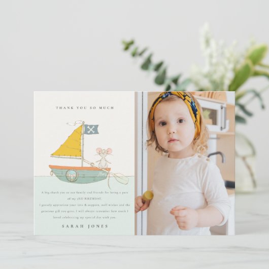 かわいい海賊マウス帆船キッズ任意の年齢誕生日 サンキューカード (スタンド正面)