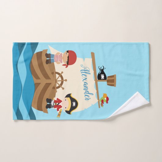 かわいい海賊少年と大型船の名前をカスタムする バスタオルセット (ハンドタオル)