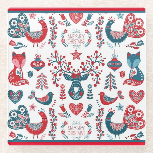 かわいい海軍と赤クリスマススススススカンジナビアフォークアート ガラスコースター (正面)