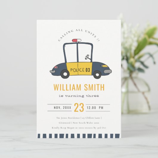 かわいい海軍の警察の車の子供たち任意の年齢誕生日招待状 サンキューカード (スタンド正面)