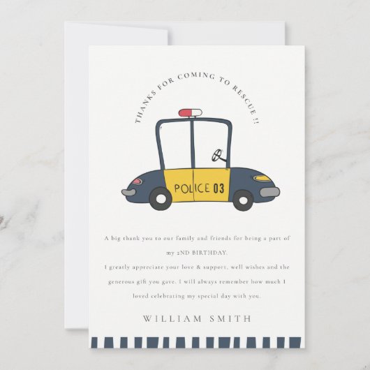かわいい海軍レスキュー警察の車の子供たち任意の年齢誕生日 サンキューカード (正面)