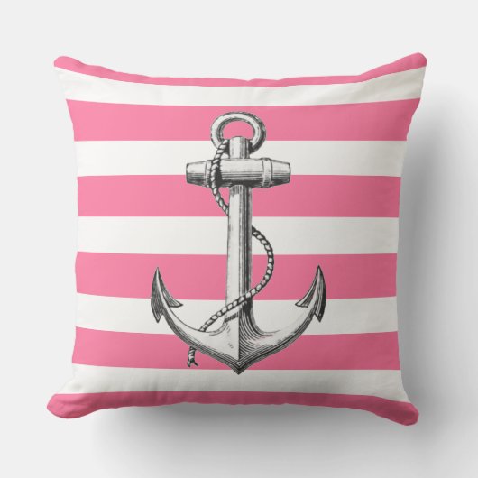 かわいい海軍風のピンクのストライプ柄のアンカー クッション (正面)