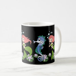 かわいい海馬と人魚のひいさまが一緒に泳ぐ コーヒーマグカップ