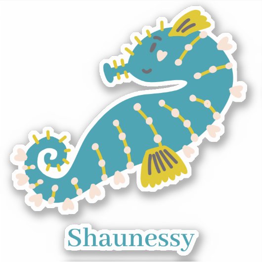 かわいい海馬のティール(緑がかった色)ブルーピンクのハートがパーソナライズ シール (正面)