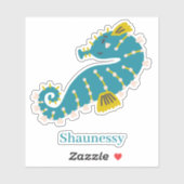 かわいい海馬のティール(緑がかった色)ブルーピンクのハートがパーソナライズ シール (シート)