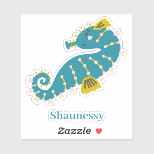 かわいい海馬のティール（緑がかった色）ブルーピンクのハートがパーソナライズ シール (シート)