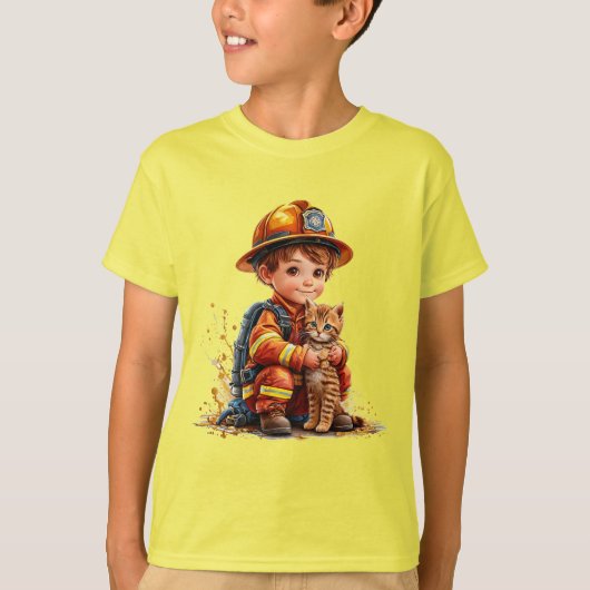 👨🚒🐱 かわいい消防士と子猫のレスキュー キッズギフト 🚒✨ Tシャツ (正面)