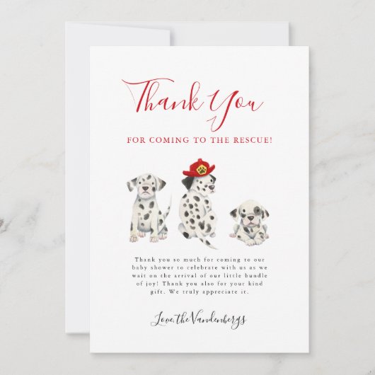 かわいい消防士の子犬の赤ちゃんシャワー サンキューカード (正面)