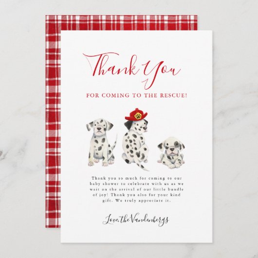 かわいい消防士の子犬の赤ちゃんシャワー サンキューカード (正面/裏面)