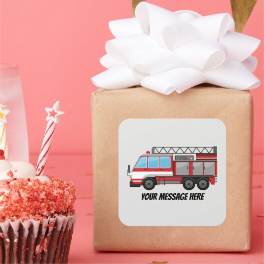 かわいい消防士の消防車の名前のメッセージを追加 スクエアシール (パーティー)