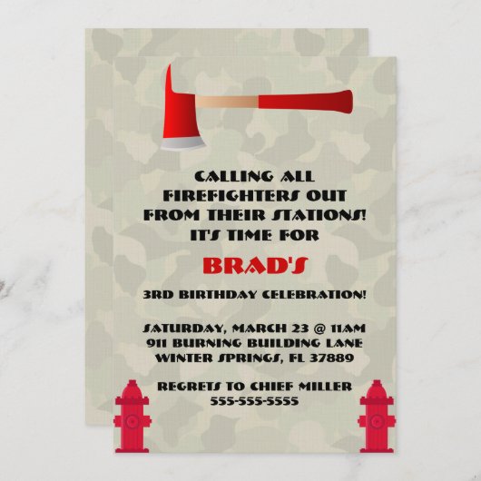 かわいい消防士の誕生日パーティーの招待状 招待状 (正面/裏面)