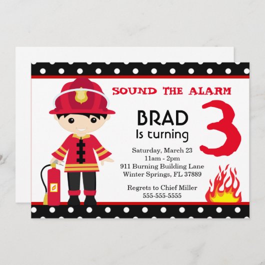 かわいい消防士の誕生日パーティーの招待状 招待状 (正面/裏面)