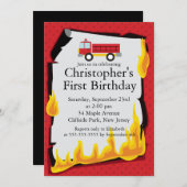 かわいい消防士誕生パーティー 招待状 (正面/裏面)