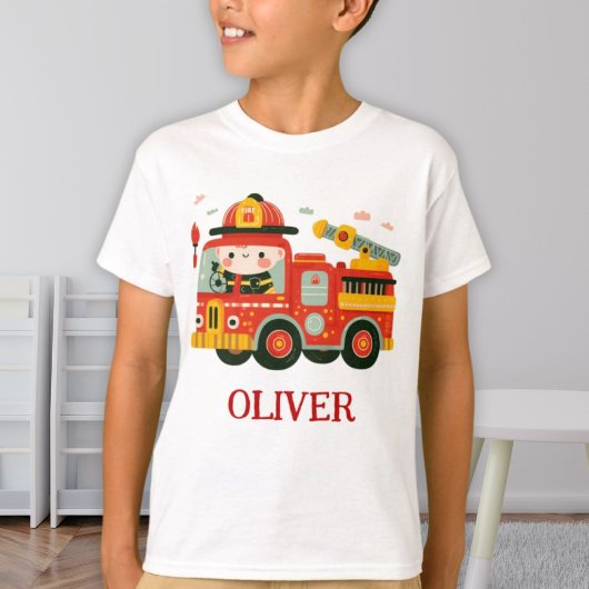 かわいい消防車と消防士のオーダーメイド Tシャツ