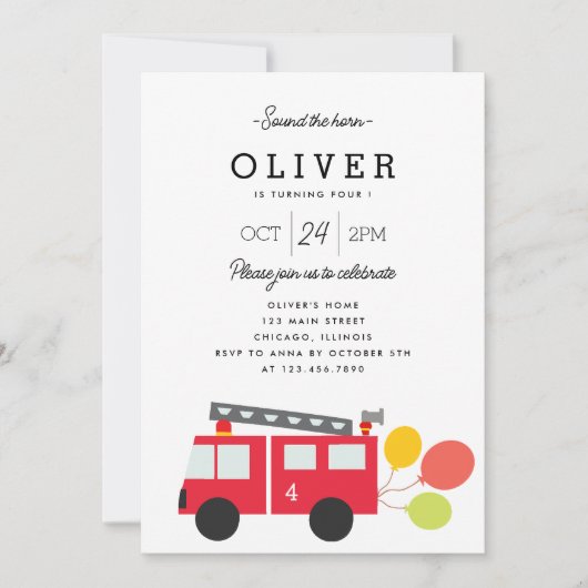 かわいい消防車と風船の子供の誕生日パーティー 招待状 (正面)
