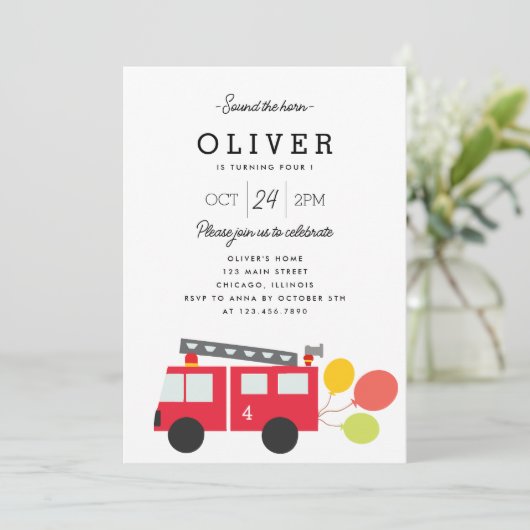 かわいい消防車と風船の子供の誕生日パーティー 招待状 (スタンド正面)
