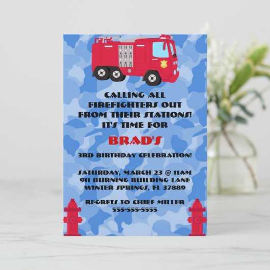 かわいい消防車のエンジン誕生日パーティーの招待状 招待状 (スタンド正面)