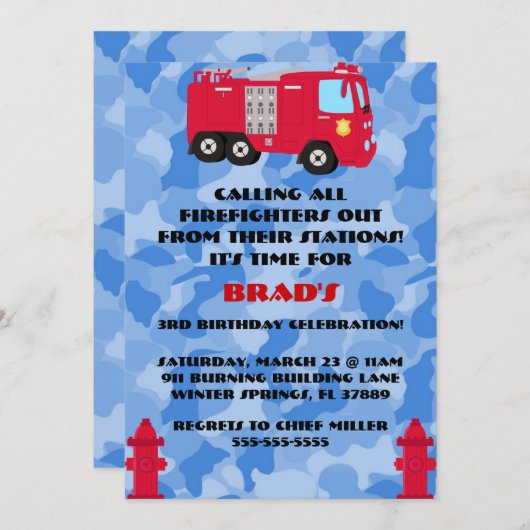 かわいい消防車のエンジン誕生日パーティーの招待状 招待状 (正面/裏面)