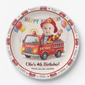かわいい消防車のフォトカスタム 男の子 誕生日パーティー ペーパープレート