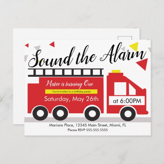 かわいい消防車の乗り物 コンフェッティ 1歳の誕生日 ポストカード (正面/裏面)