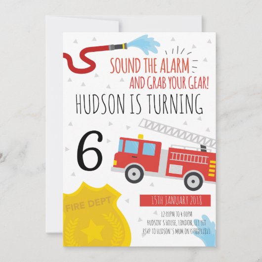 かわいい消防車の誕生日のパーティの招待状 招待状 (正面)