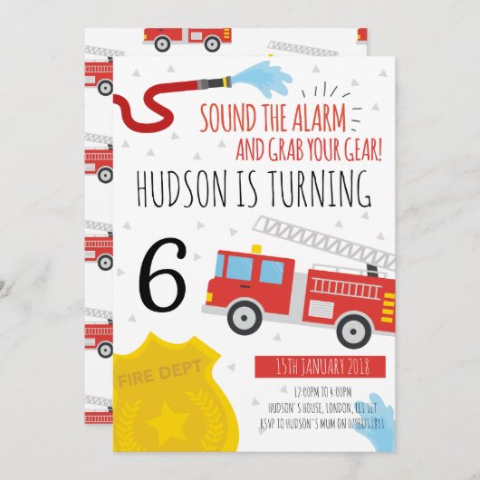 かわいい消防車の誕生日のパーティの招待状 招待状 (正面/裏面)