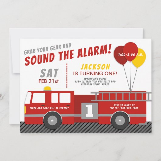 かわいい消防車の誕生日パーティーの招待状 招待状 (正面)
