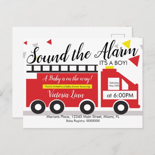 かわいい消防車の車ベビーシャワー紙吹雪インヴィ ポストカード (正面/裏面)