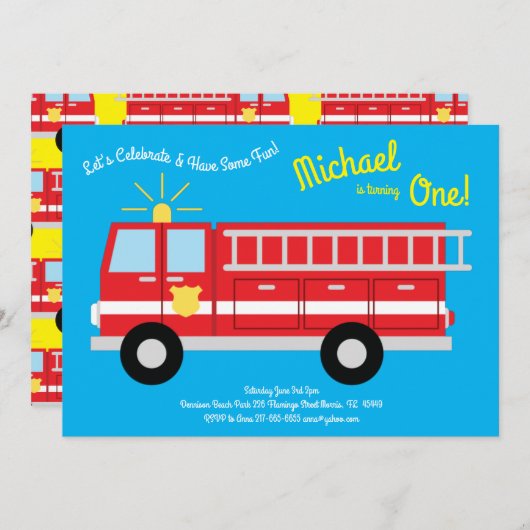 かわいい消防車キッズ1st誕生日パーティー 招待状 (正面/裏面)
