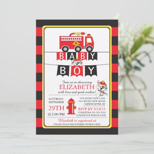 かわいい消防車ベビーシャワー招待状 招待状 (スタンド正面)