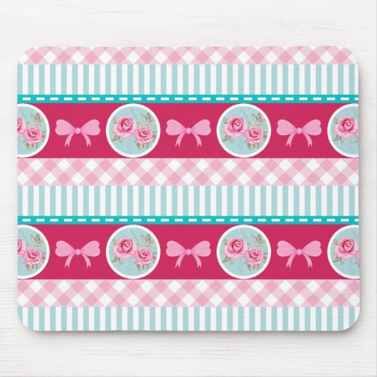 かわいい淡いピンク及び青くガーリーなパターン マウスパッド (正面)