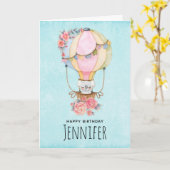 かわいい温風気球と熊の水彩誕生日 カード (黄色い花)