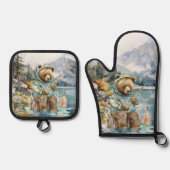 かわいい湖のハウス魚釣りキャビンのキッチンベア 鍋つかみ&鍋敷きセット (正面)