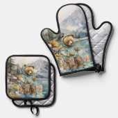 かわいい湖のハウス魚釣りキャビンのキッチンベア 鍋つかみ&鍋敷きセット (正面/裏面)