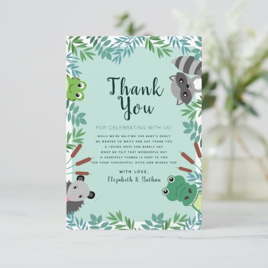 かわいい湿地クリッター赤ちゃんシャワーありがとう サンキューカード (スタンド正面)