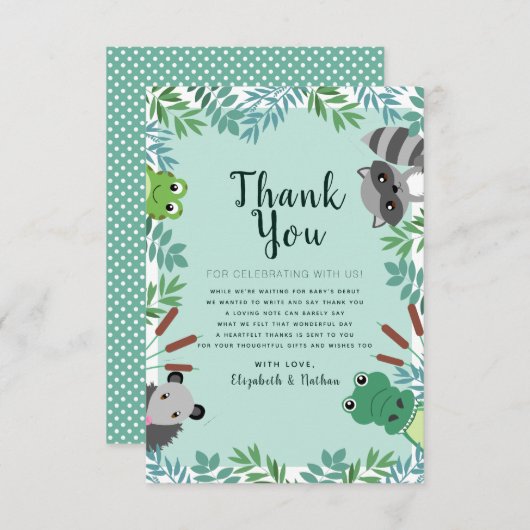 かわいい湿地クリッター赤ちゃんシャワーありがとう サンキューカード (正面/裏面)