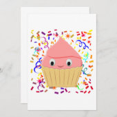 かわいい漫画いちごカップケーキと紙吹雪 招待状 (正面/裏面)