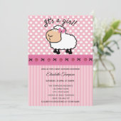 かわいい漫画おもしろいの羊のピンクの赤ちゃんシャワー 招待状 (スタンド正面)