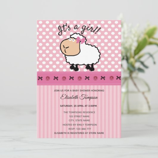 かわいい漫画おもしろいの羊のピンクの赤ちゃんシャワー 招待状 (スタンド正面)