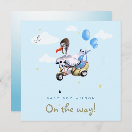 かわいい漫画おもしろいストークスクーター男の子妊娠 案内状 (正面/裏面)