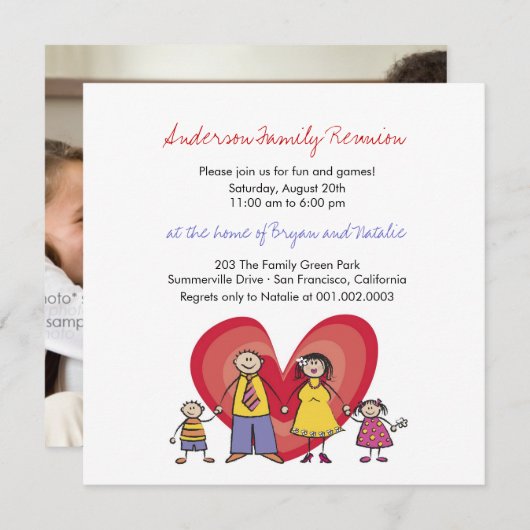 かわいい漫画おもしろいハッピーファミリー懇親会パーティー招待状 招待状 (正面/裏面)