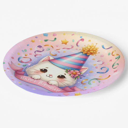 かわいい漫画かわいいキティキャットハッピーバースデー ペーパープレート (アングル)