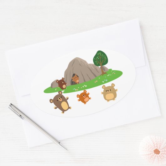 かわいい漫画が洞窟の楕円形のステッカーにクマ 楕円形シール (封筒)