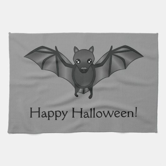 かわいい漫画こうもりとハッピーハローウィン文字 キッチンタオル (横)