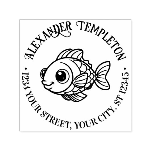 かわいい漫画っぽいふわふわの魚 名前 返信先住所 セルフインキングスタンプ (デザイン)