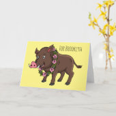 かわいい漫画のイノシシと花 カード (黄色い花)