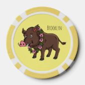 かわいい漫画のイノシシと花 ポーカーチップ (裏面)